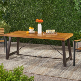 Outdoor Lovewood Metal Base Dining Table, Teak Wood
