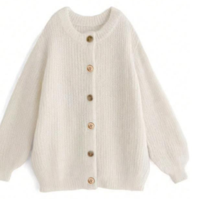 Women's Knitted Cardigan Sweater, Contrast Buttons, Chunky Knit, Gold Cuffs, Loose Long Sleeves, Spring Autumn Style