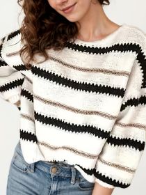 Women's Autumn And Winter Commuting Pullover, Striped Casual Long Sleeved Knitted Sweater