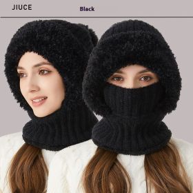 High Elastic Solid Color Knitted Hat Scarf Mask One-piece (Color: Black)
