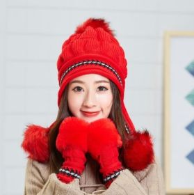Cozy Knit Fleece-Feel Beanie With Ear Flaps & Pompom Warm Winter Hat For Women Perfect For Skiing & Outdoor Activities (Option: Red-Hat and gloves)
